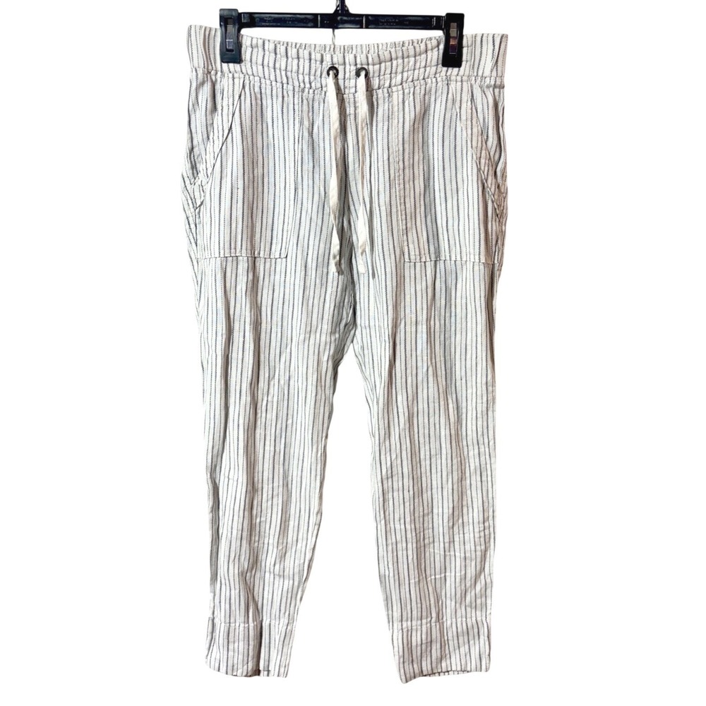 Athleta Women's Bali White Striped 100% Linen‎ Pants Elastic Waist - Picture 3 of 11